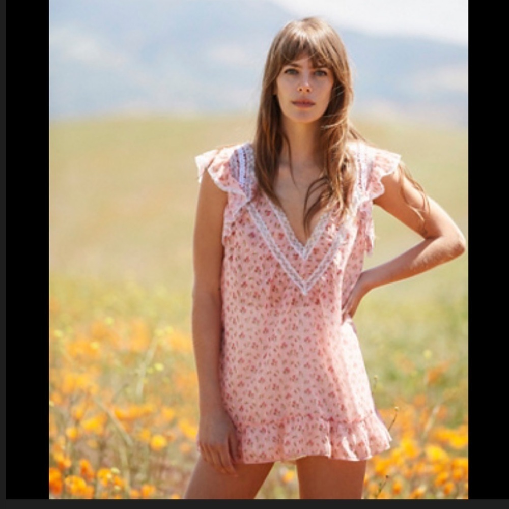 Anna Sui Free People Pink Rosebud Floral Lace Ruffled Sheer Y2K V Neck Top S